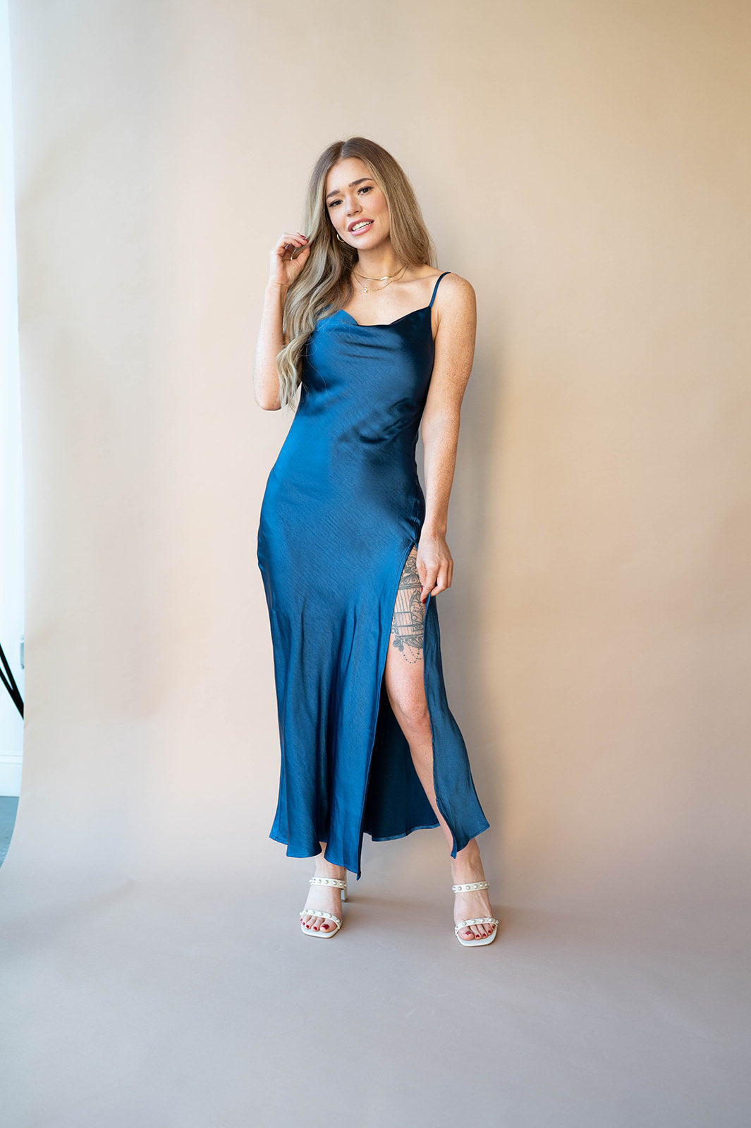 honeymoon with me cowel neck dress